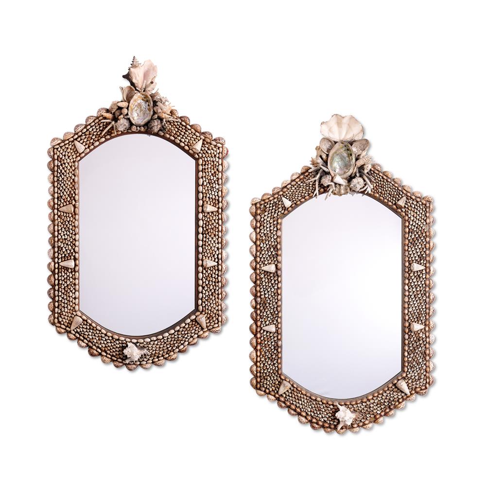 Y A PAIR OF LARGE SHELL ENCRUSTED MIRRORS ATTRIBUTED TO ANTHONY REDMILE FOR ERTE, 20TH CENTURY