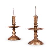 A PAIR OF FLEMISH BRASS OR BELL METAL PRICKET CANDLESTICKS, 18TH CENTURY