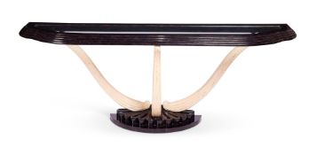 Y A TORTOISESHELL VENEERED, CREAM PAINTED AND EBONISED CONSOLE TABLE, CIRCA 1970