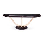 Y A TORTOISESHELL VENEERED, CREAM PAINTED AND EBONISED CONSOLE TABLE, CIRCA 1970