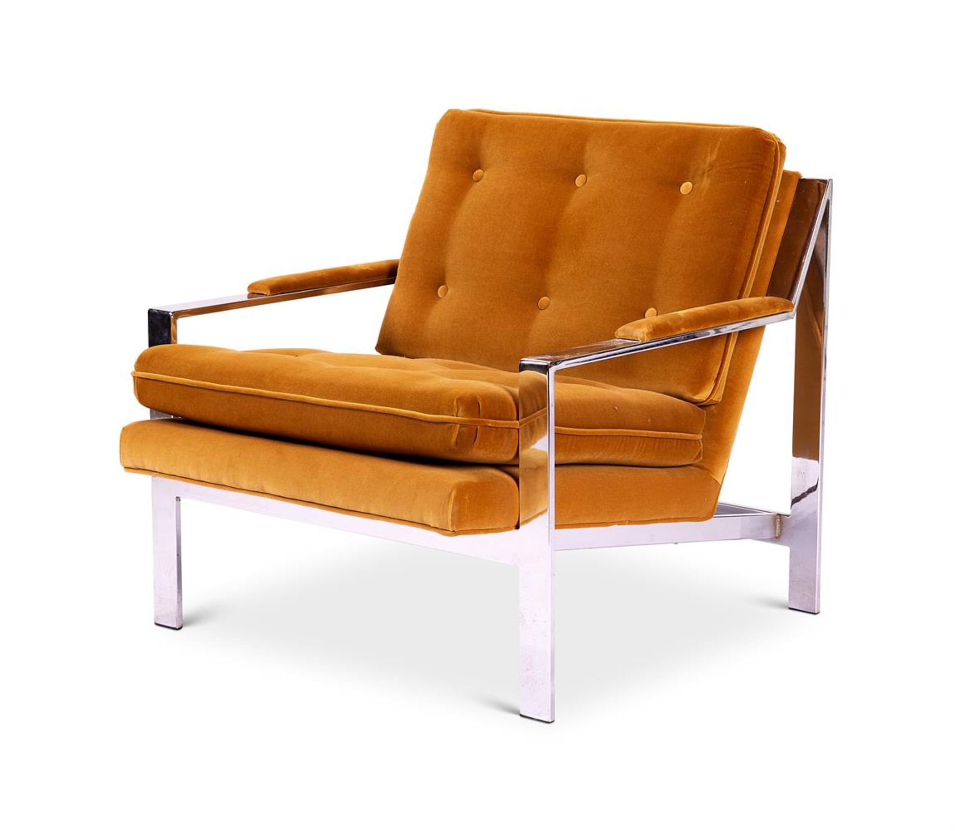 A NICKEL PLATED AND BUTTON UPHOLSTERED ARMCHAIR DESIGNED BY CY MANN, CIRCA 1970