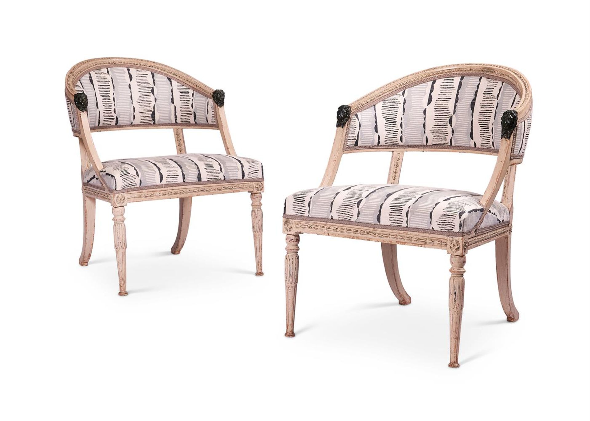 A PAIR OF GUSTAVIAN CREAM PAINTED AND UPHOLSTERED ARMCHAIRS SWEDISH, CIRCA 1800