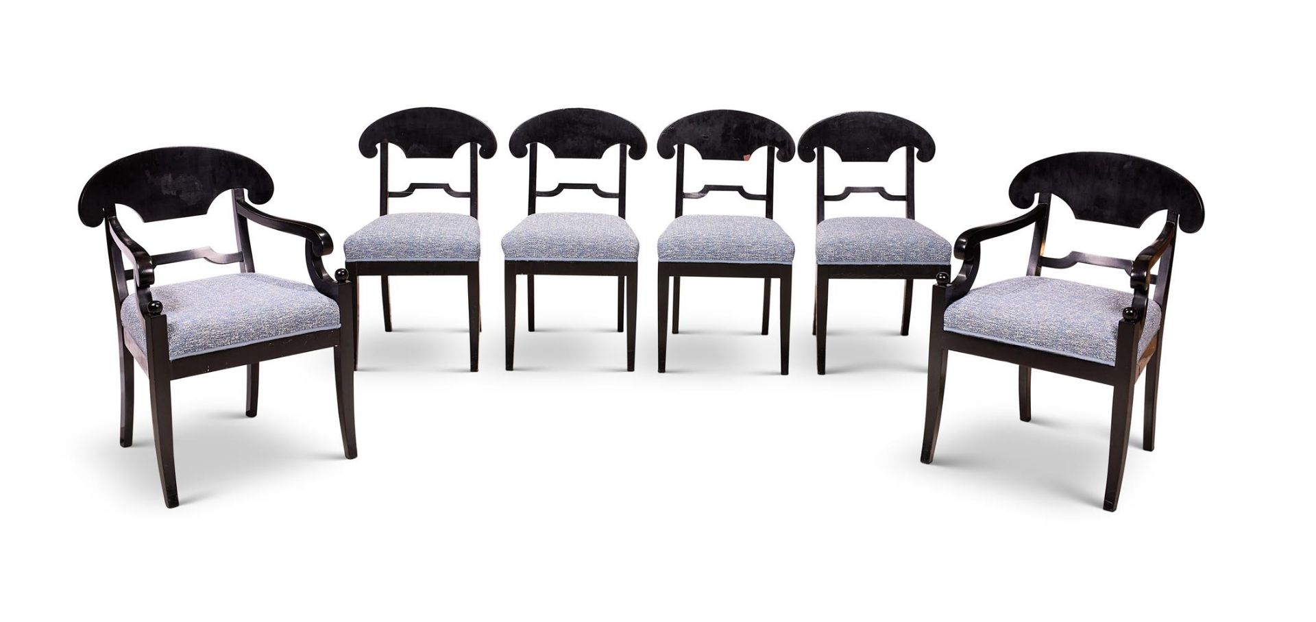 A SET OF SIX EBONISED DINING CHAIRS, PROBABLY FRENCH, 19TH CENTURY