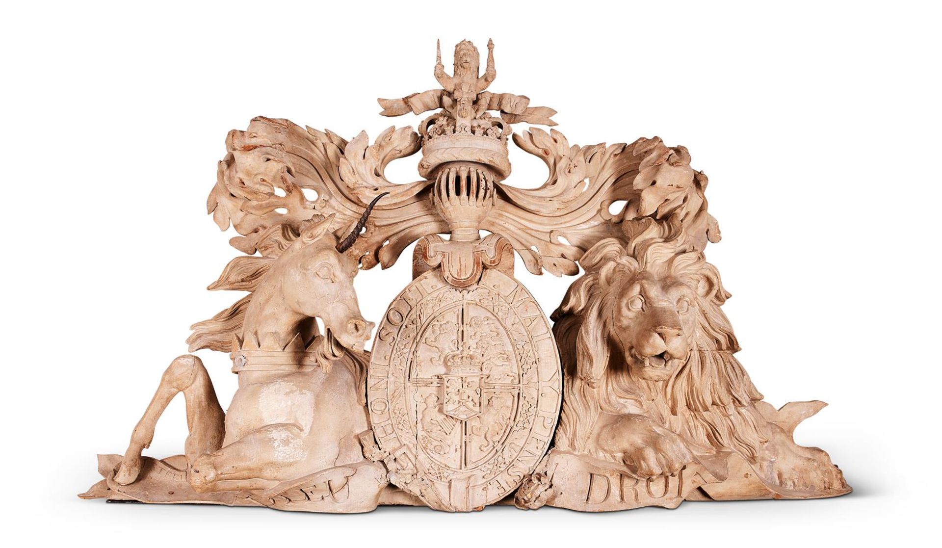 A RARE AND IMPRESSIVE REGENCY CARVED AND PAINTED WOOD SCOTTISH ROYAL COAT OF ARMS BY JOHN STEELL SNR