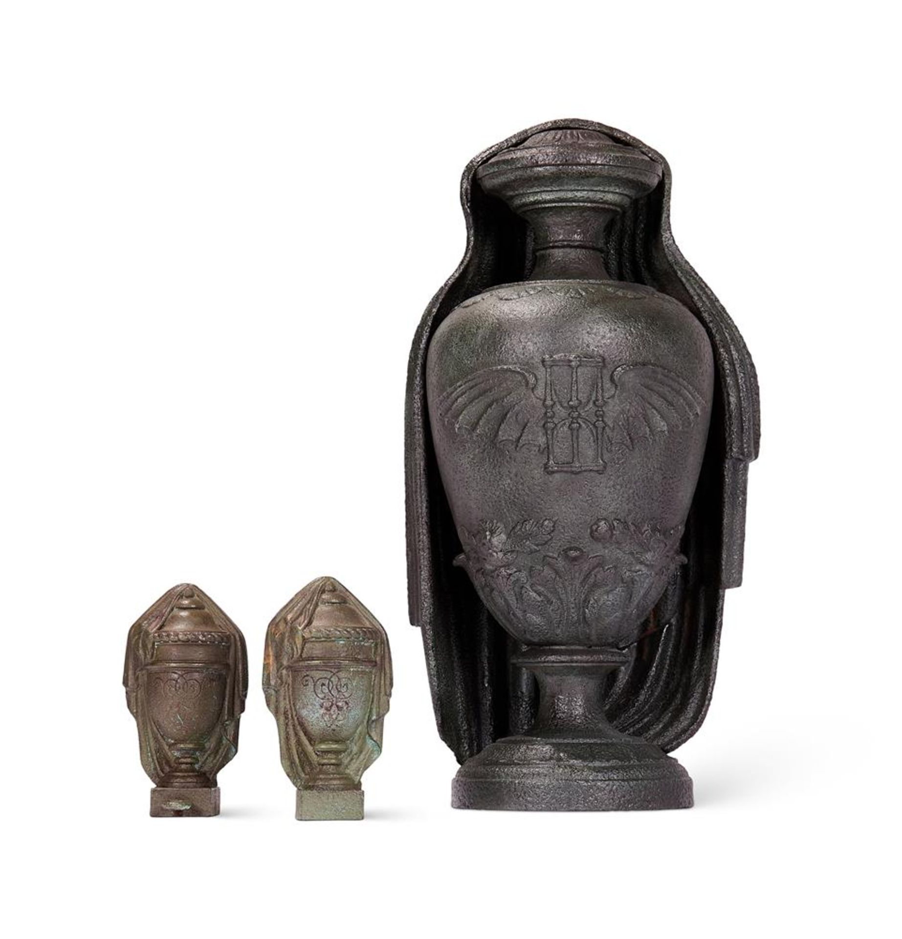 A GROUP OF THREE CAST IRON URNS, 19TH CENTURY