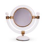 AN ITALIAN WHITE OPALESCENT GLASS AND BRASS MOUNTED DRESSING MIRRORBY SEGUSO, CIRCA 1955