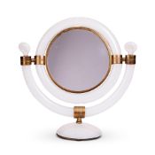 AN ITALIAN WHITE OPALESCENT GLASS AND BRASS MOUNTED DRESSING MIRRORBY SEGUSO, CIRCA 1955