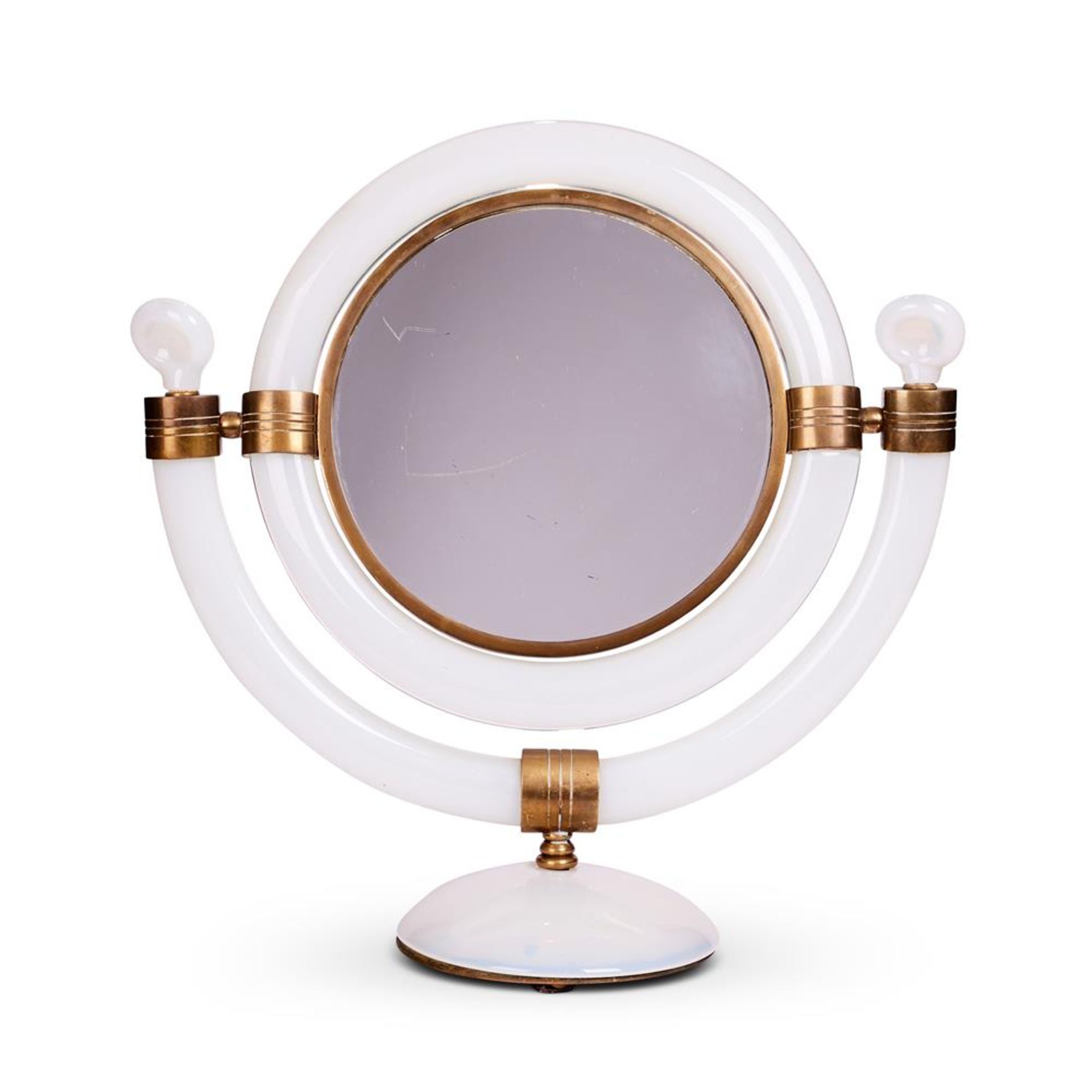 AN ITALIAN WHITE OPALESCENT GLASS AND BRASS MOUNTED DRESSING MIRRORBY SEGUSO, CIRCA 1955