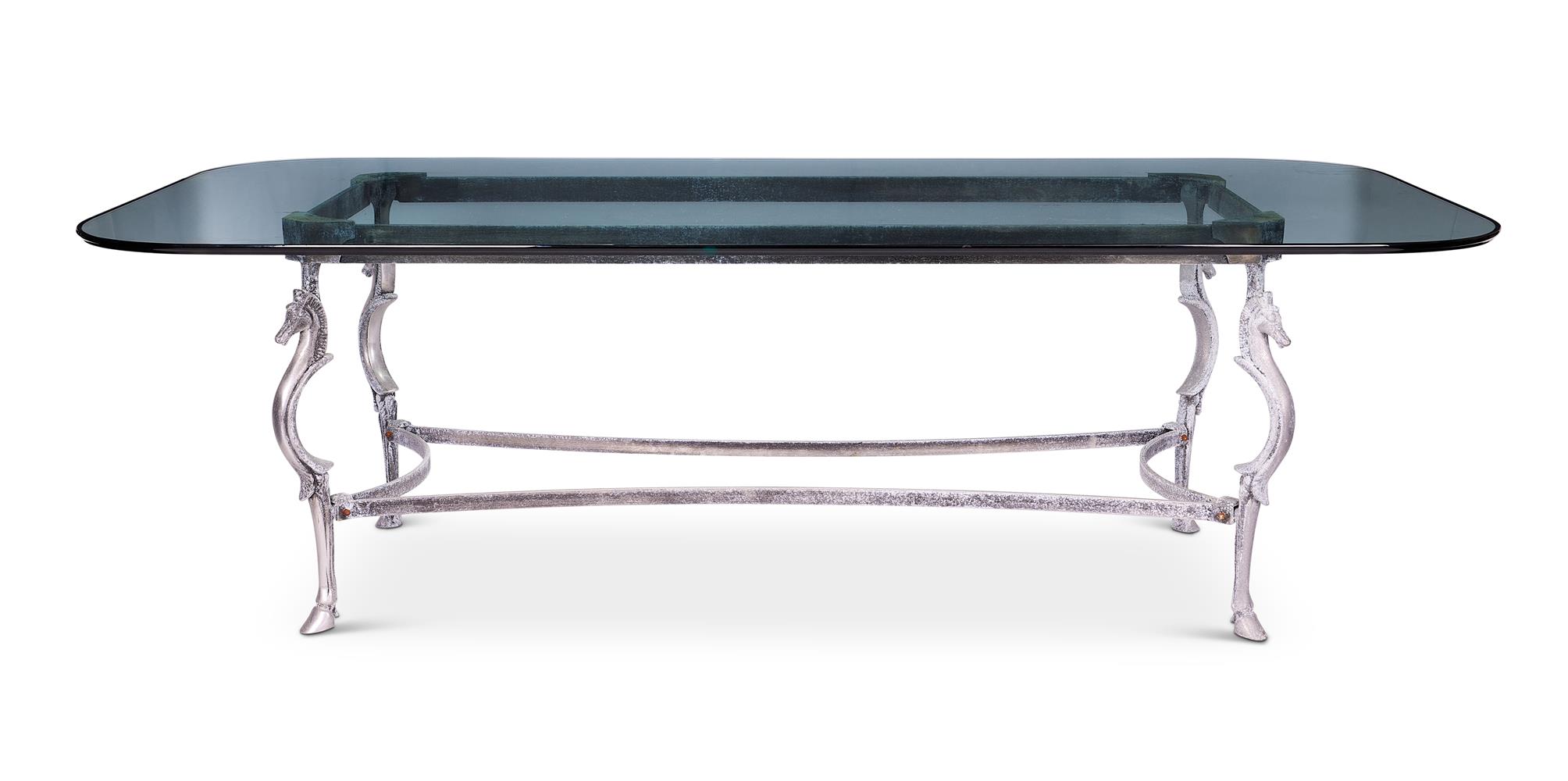 A GLASS AND PATINATED ALUMINIUM DINING TABLE, AFTER MAISON JANSEN, 1970s