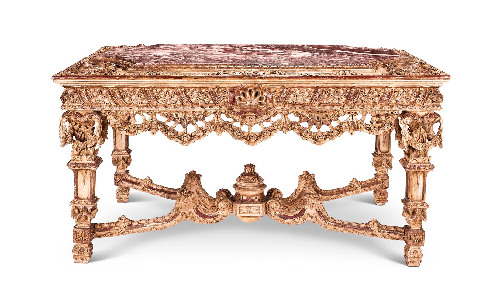 A FRENCH CARVED, CREAM PAINTED AND PARCEL GILT CENTRE TABLE OR 'TABLE DE MILIEU'