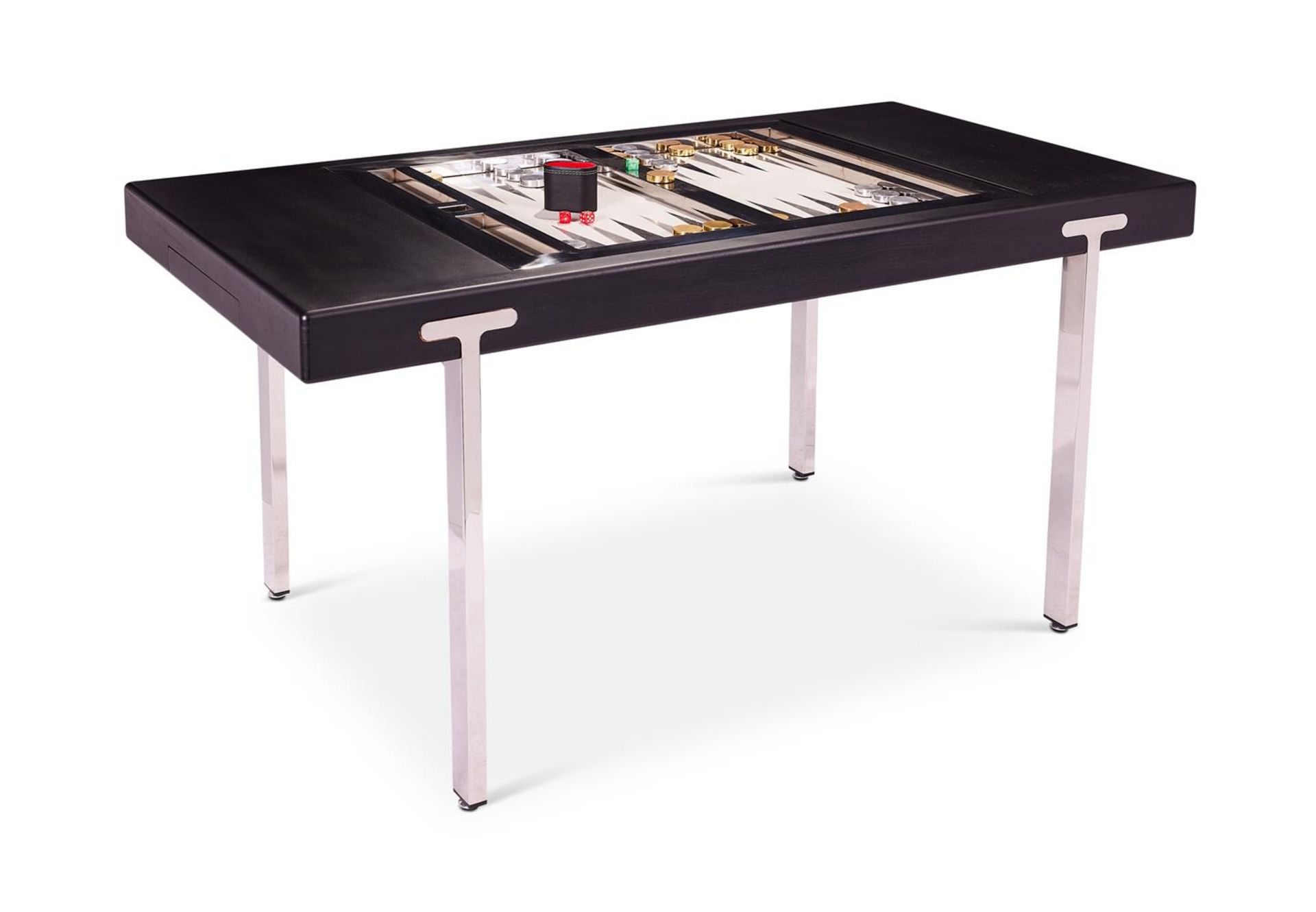 AN EBONISED AND POLISHED NICKEL REVERSABLE TOP BACKGAMMON TABLE, BY KEN BOLAN