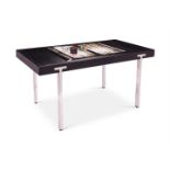 AN EBONISED AND POLISHED NICKEL REVERSABLE TOP BACKGAMMON TABLE, BY KEN BOLAN