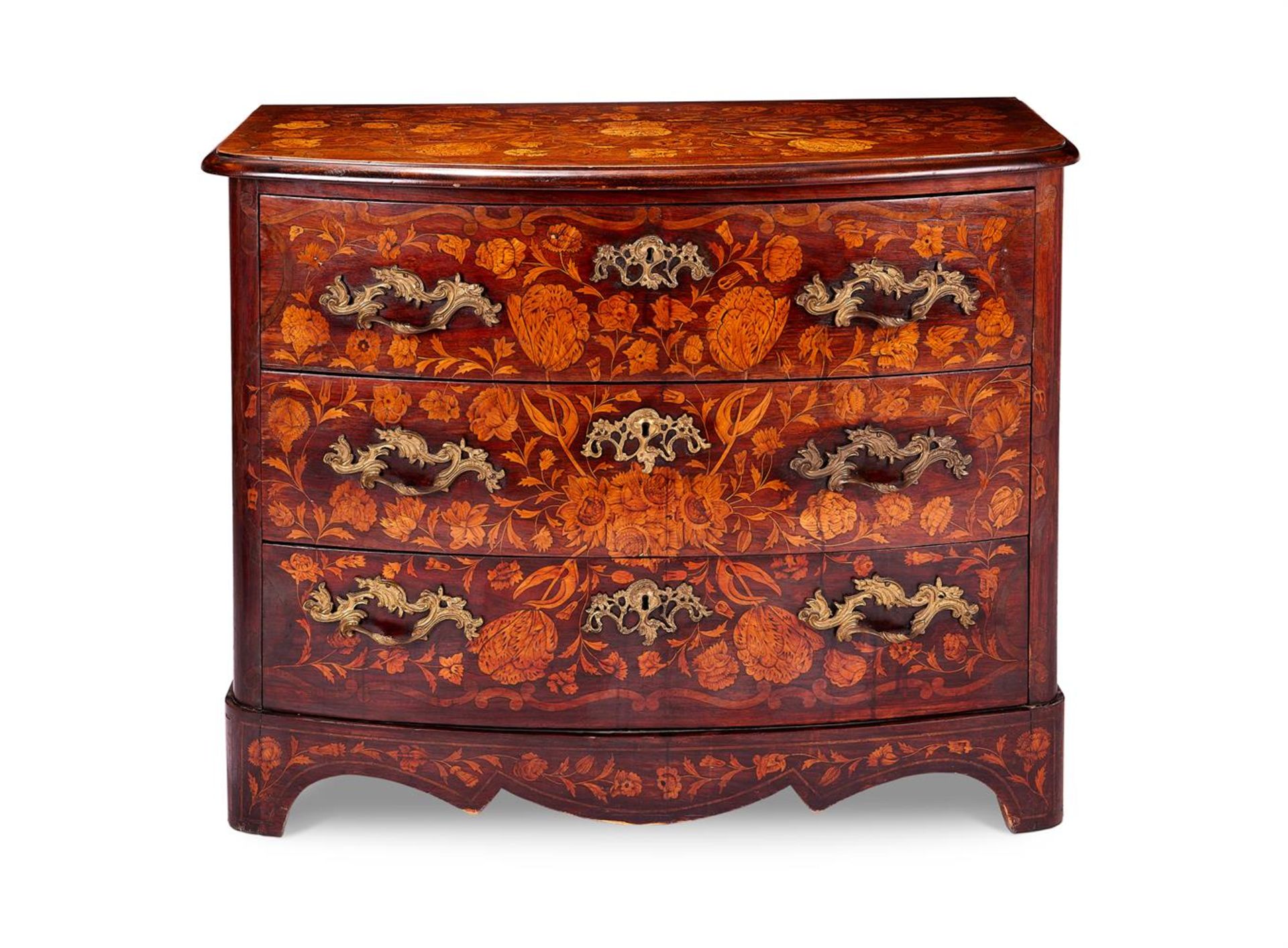 A DUTCH WALNUT AND FLORAL MARQUETRY COMMODE, EARLY 19TH CENTURY