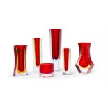 A GROUP OF SIX RED MURANO GLASS VASES, 20TH CENTURY