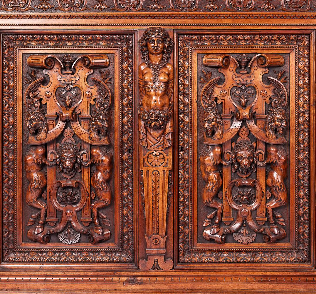 A RENAISSANCE REVIVAL CARVED WALNUT SIDE CABINETITALIAN, IN THE MANNER OF LUIGI FRULLINI, CIRCA 1880 - Image 2 of 4
