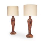 A LARGE PAIR OF ANGLO-INDIAN CARVED HARDWOOD COLUMNAR LAMPS