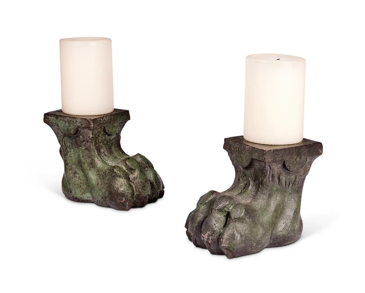 A PAIR OF VERDIGRIS PATINATED BRONZE LION PAW STANDS, MODERN - Image 2 of 2
