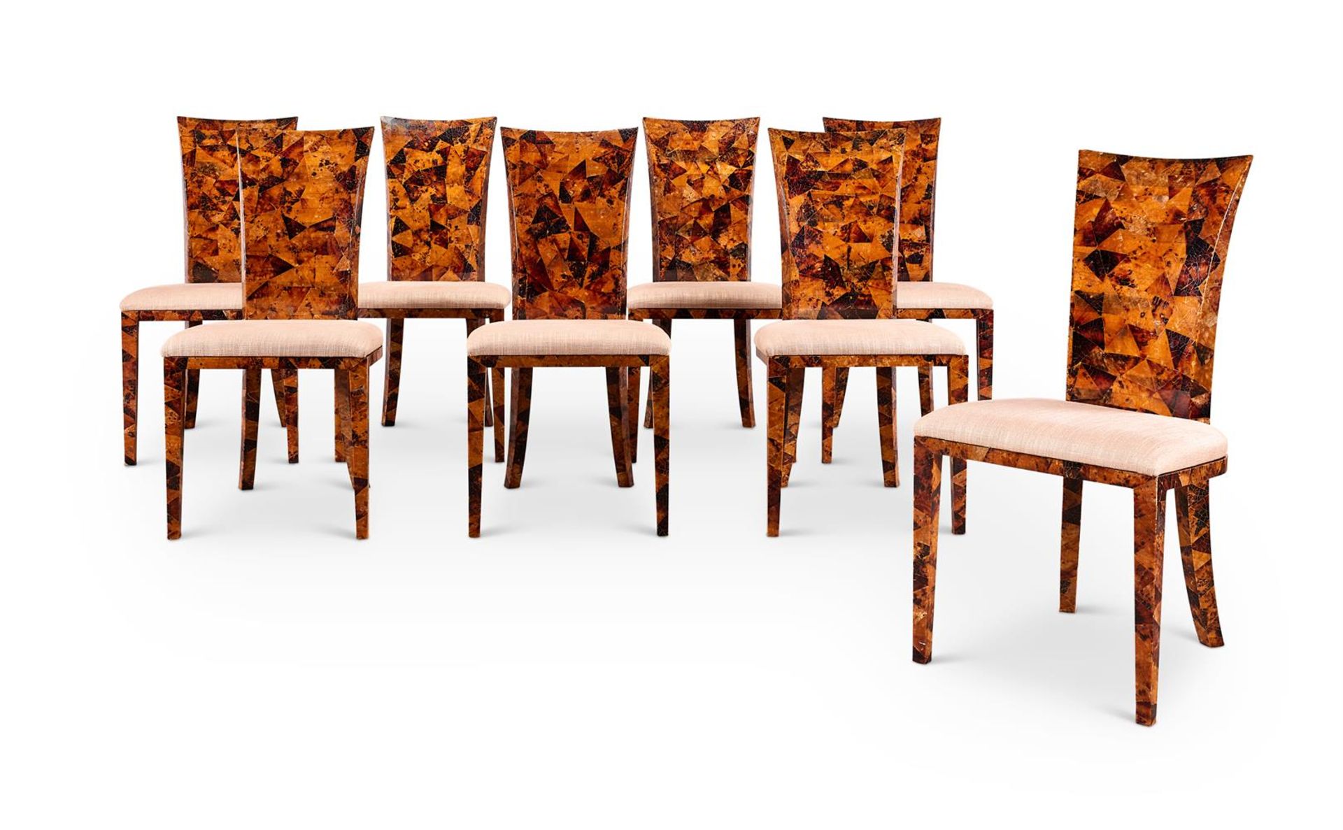 A SET OF EIGHT COCONUT SHELL VENEERED DINING CHAIRS, CIRCA 1985