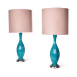 A PAIR OF TURQUOISE RIBBED CERAMIC LAMPS, MID 20TH CENTURY