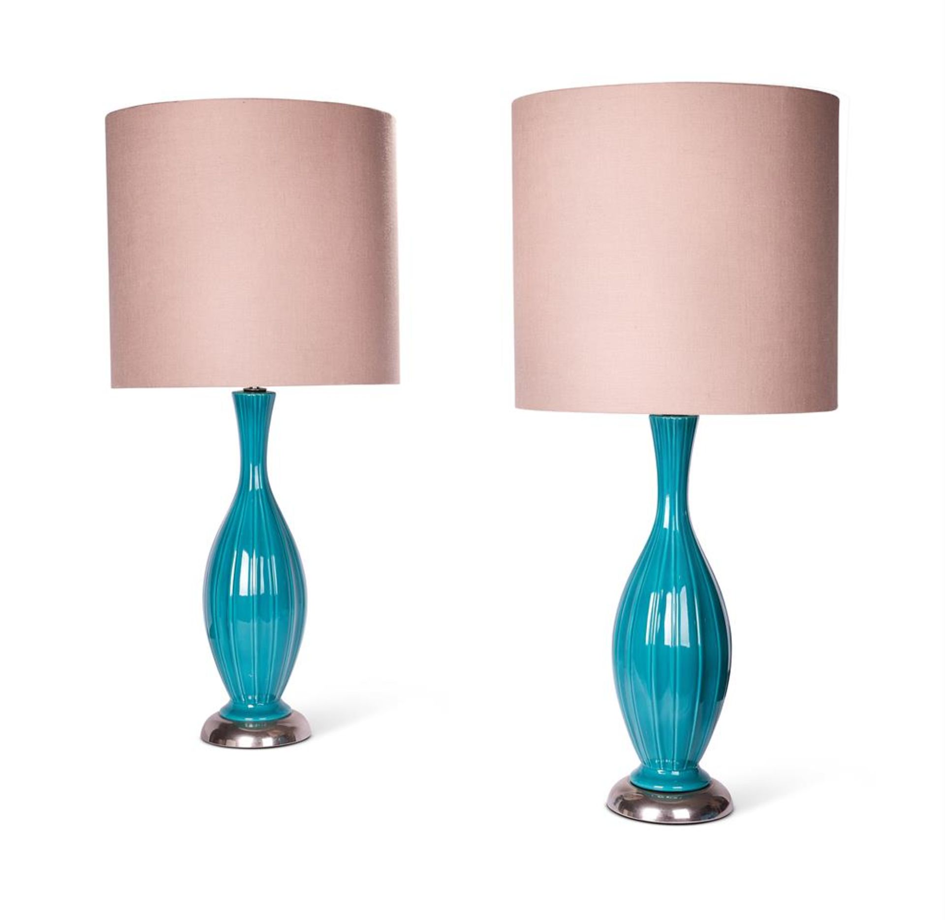 A PAIR OF TURQUOISE RIBBED CERAMIC LAMPS, MID 20TH CENTURY