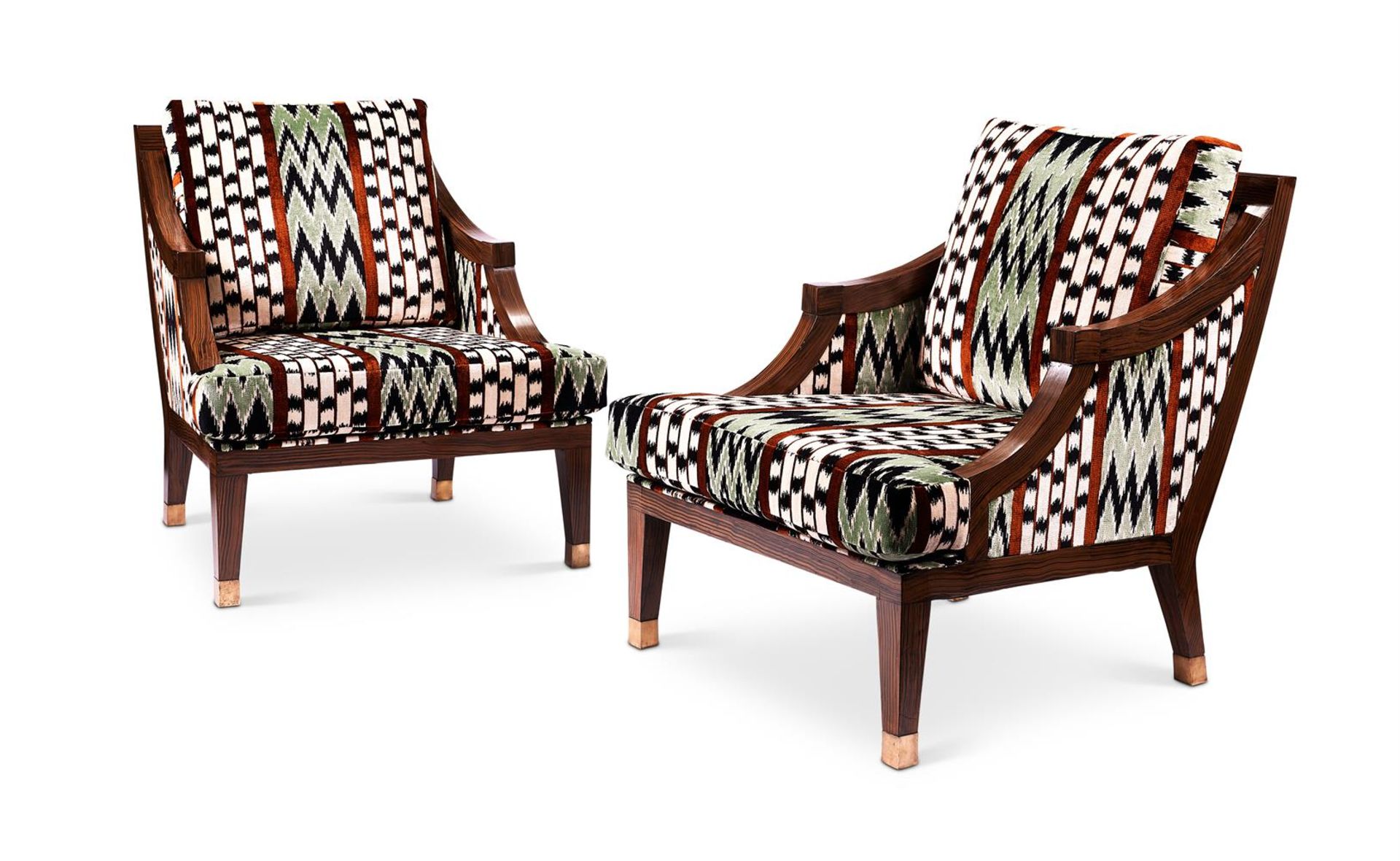 A PAIR OF SIMULATED ROSEWOOD AND UPHOLSTERED BERGERE ARMCHAIRS, CIRCA 1975