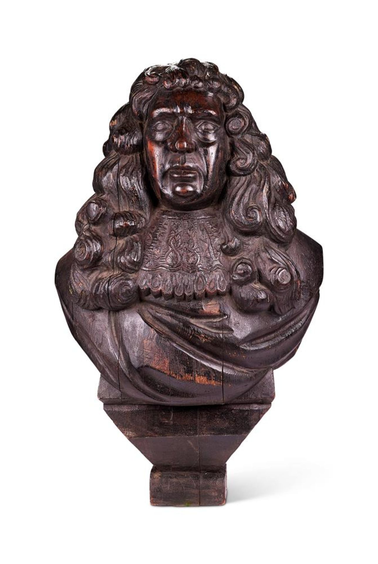 A LARGE CARVED AND STAINED OAK BUST OF SAMUEL PEPYS, EARLY 19TH CENTURY