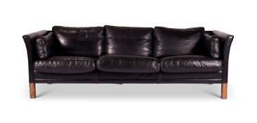 A DANISH BLACK LEATHER UPHOLSTERED THREE-SEAT SOFA DESIGNED BY MOGENS HANSEN, 1955