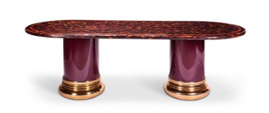 A TESSELLATED HORN, CRIMSON LACQUER AND BRASS MOUNTED DINING TABLE, CIRCA 1970