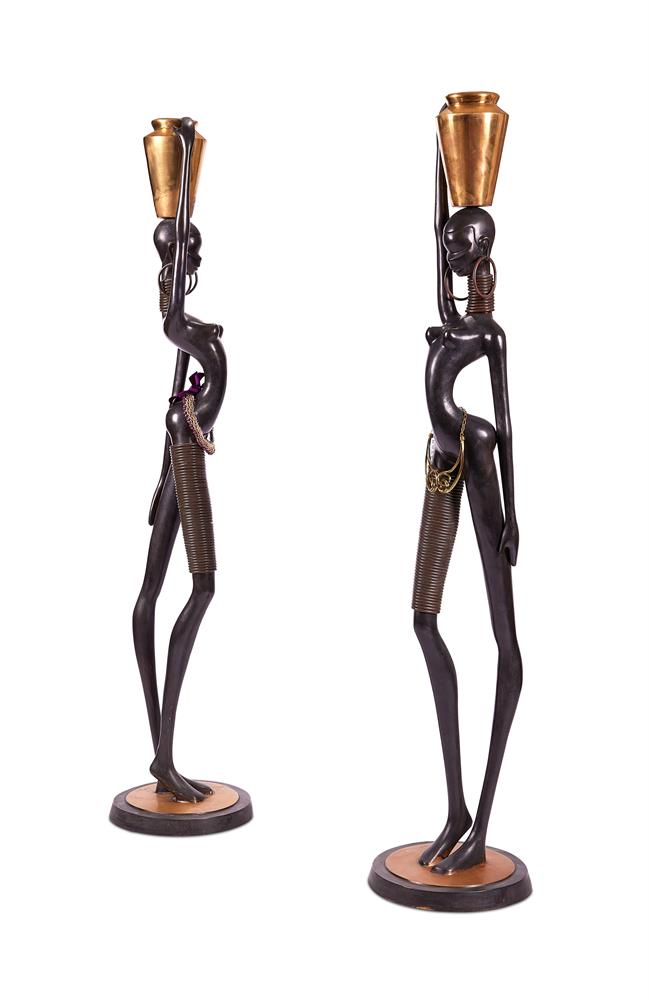 A LARGE PAIR OF HAGENAUER STYLE EBONISED BRONZE FEMALE FIGURES, LATE 20TH CENTURY