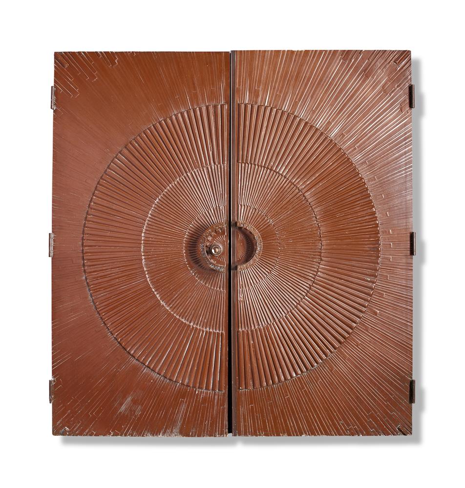 A PAIR OF LARGE IMPRESSED AND BRONZED RESIN DOORS, TITLED 'HEROIC SUNBURST', CIRCA 1971