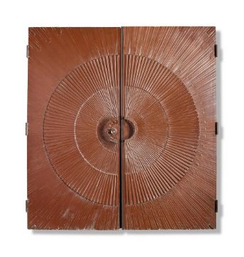 A PAIR OF LARGE IMPRESSED AND BRONZED RESIN DOORS, TITLED 'HEROIC SUNBURST', CIRCA 1971