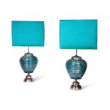 A PAIR OF ITALIAN BLUE CERAMIC AND NICKEL TABLE LAMPS, 1970s