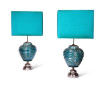 A PAIR OF ITALIAN BLUE CERAMIC AND NICKEL TABLE LAMPS, 1970s
