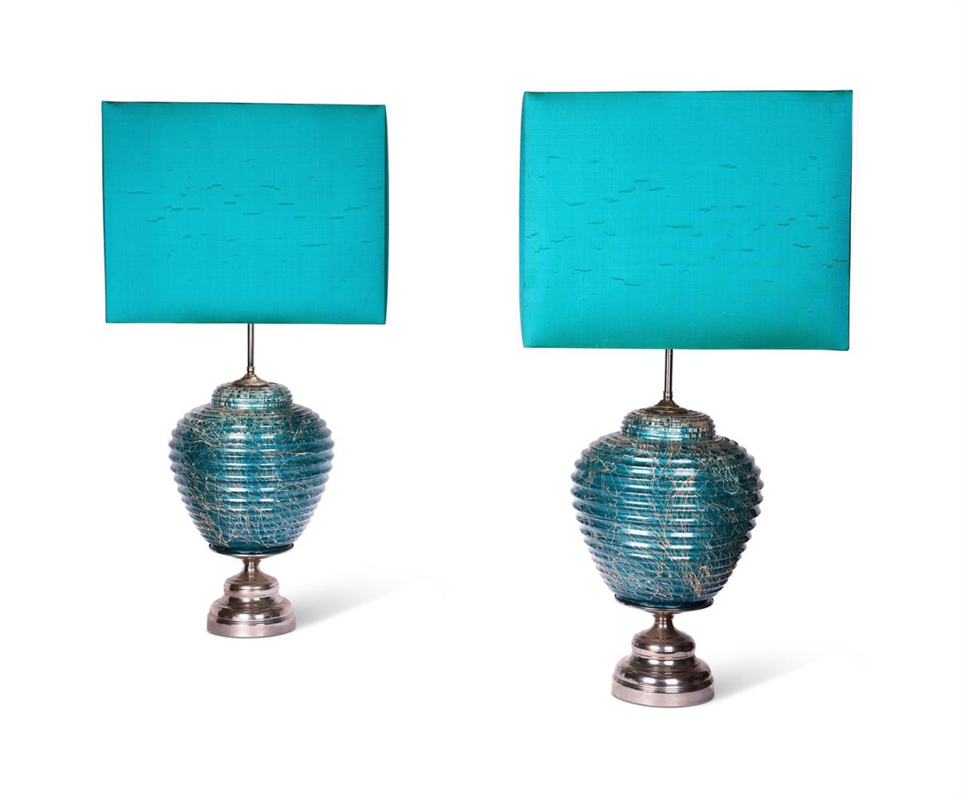 A PAIR OF ITALIAN BLUE CERAMIC AND NICKEL TABLE LAMPS, 1970s