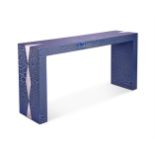 A 'COBALT' CRACKLE LACQUERED AND POLISHED STEEL CONSOLE TABLEBY KEN BOLAN