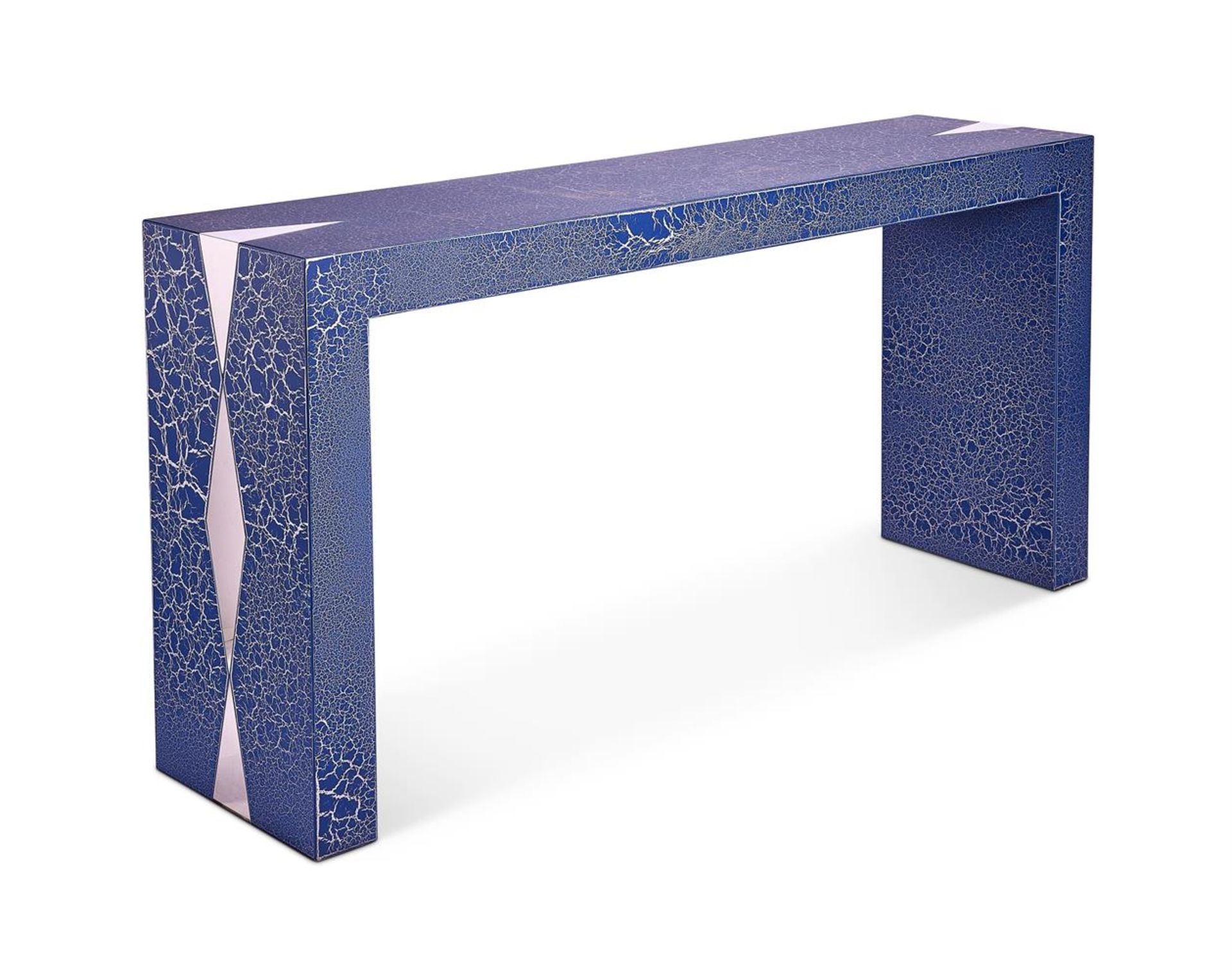 A 'COBALT' CRACKLE LACQUERED AND POLISHED STEEL CONSOLE TABLEBY KEN BOLAN
