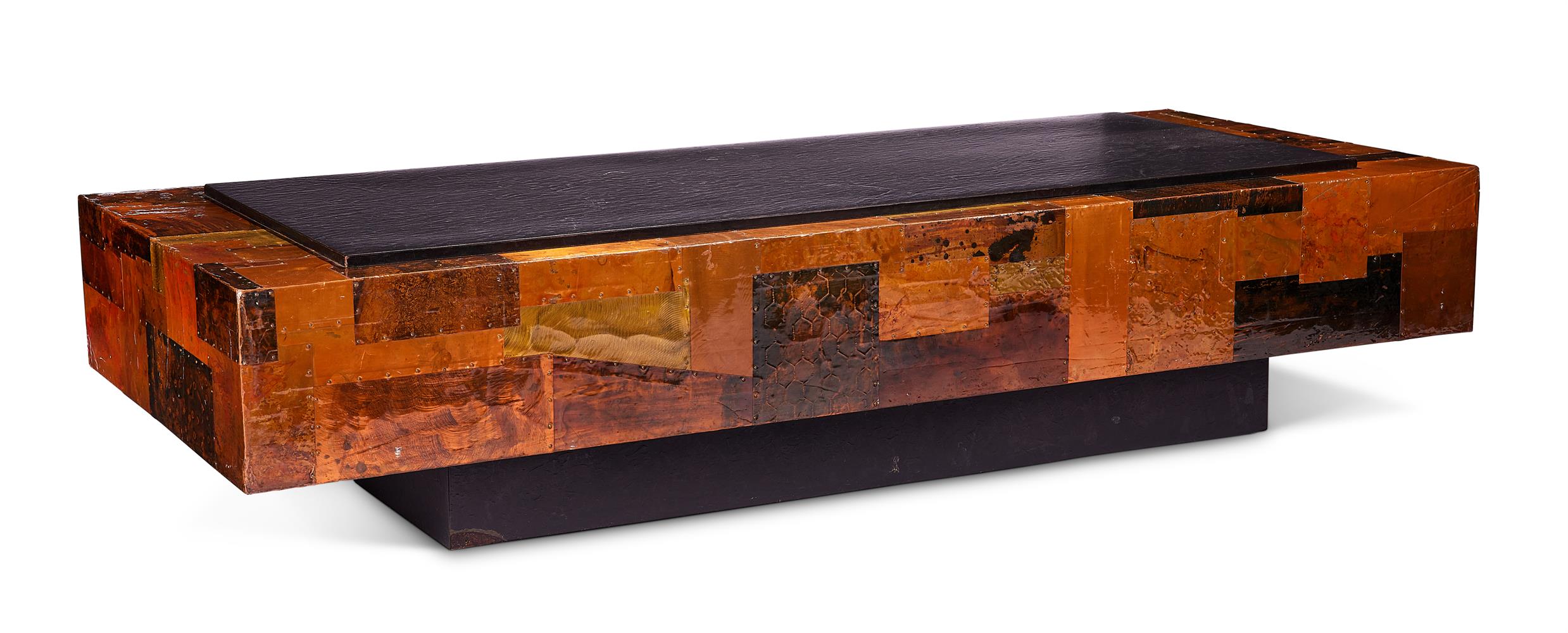 A LACQUERED COPPER PATCHWORK COFFEE TABLE IN THE MANNER OF PAUL EVANS, CIRCA 1970