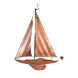 A SHEET COPPER AND BRASS DETAILED WALL SCULPTURE OF A YACHT UNDER FULL SAIL, 1970s