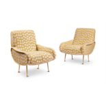 A PAIR OF BRASS AND UPHOLSTERED ARMCHAIRS DESIGNED BY MARCO ZANUSO (1916-2001) FOR ARFLEX