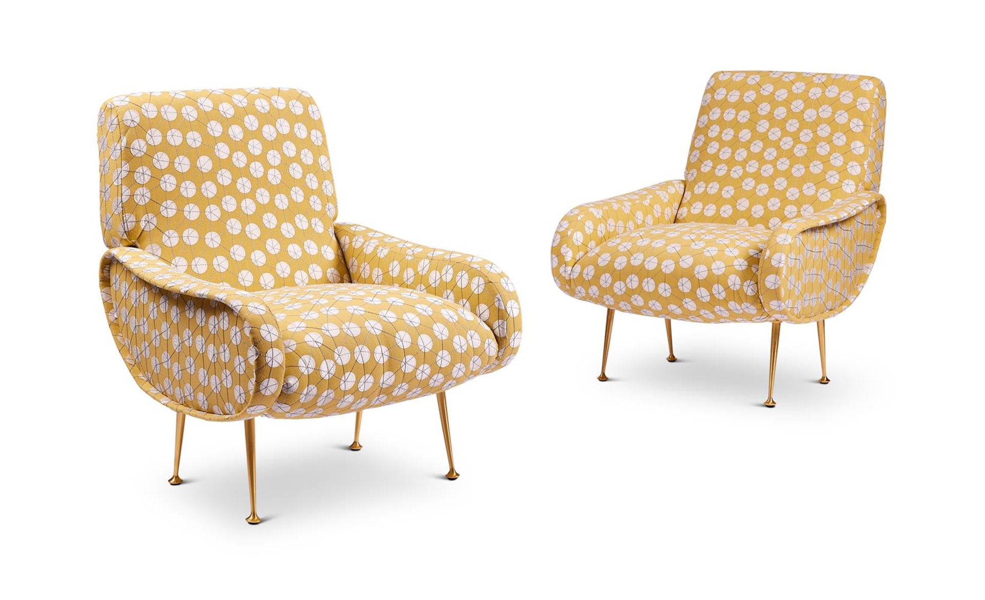 A PAIR OF BRASS AND UPHOLSTERED ARMCHAIRS DESIGNED BY MARCO ZANUSO (1916-2001) FOR ARFLEX