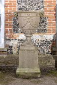 A LARGE 'ADAM VASE' ON PEDESTAL BY JAMES PULHAM AND SON, LATE 19TH/EARLY 20TH CENTURY