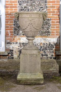 A LARGE 'ADAM VASE' ON PEDESTAL BY JAMES PULHAM AND SON, LATE 19TH/EARLY 20TH CENTURY