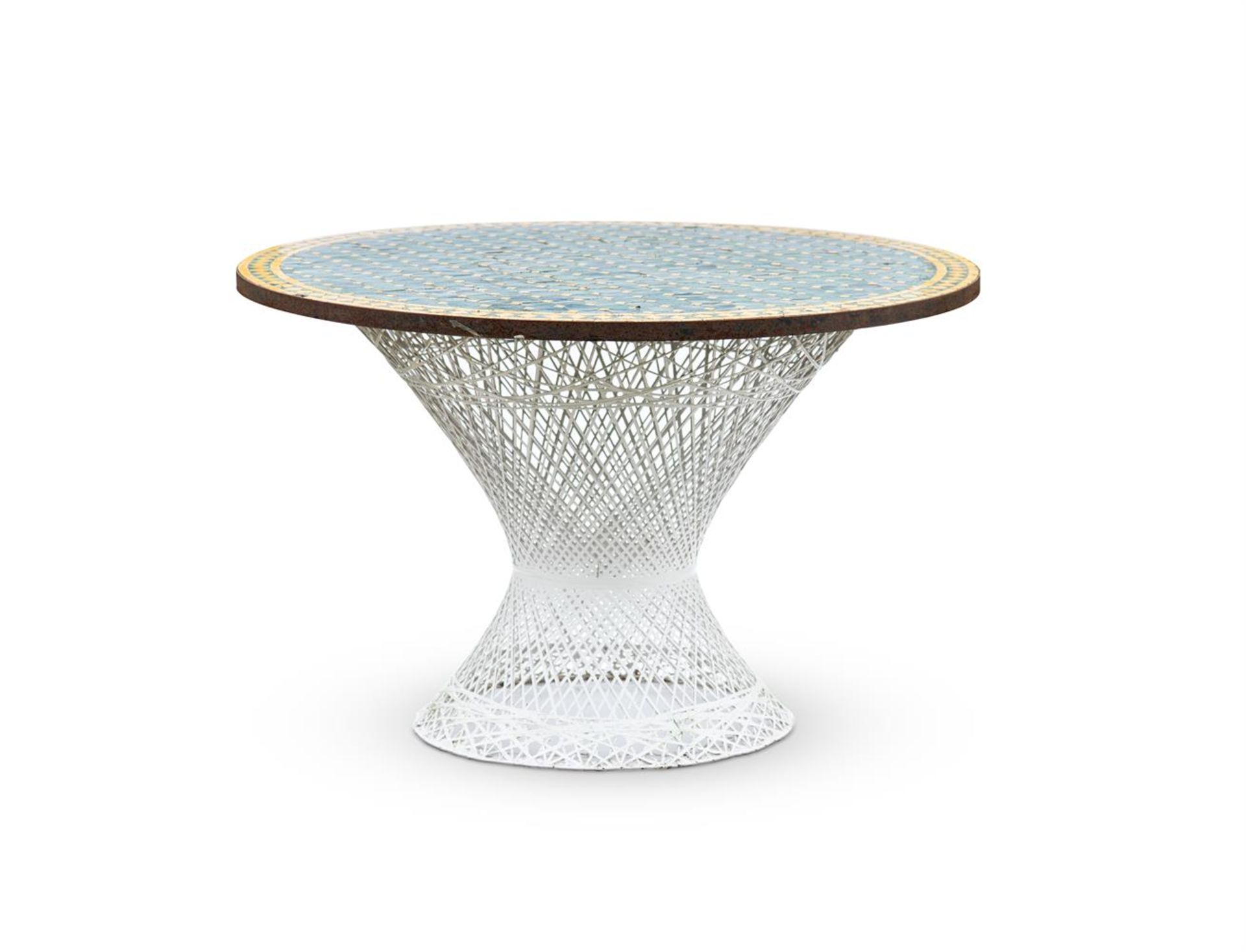 A MOROCCAN MOSAIC AND WHITE PAINTED SPUN ALUMINIUM CENTRE TABLE, 1960s