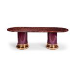 A TESSELLATED HORN, CRIMSON LACQUER AND BRASS MOUNTED DINING TABLE, CIRCA 1970