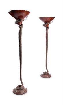 A LARGE PAIR OF BRONZE SNAKE FLOOR LAMPS IN THE MANNER OF EDGAR BRANDT, 1970s