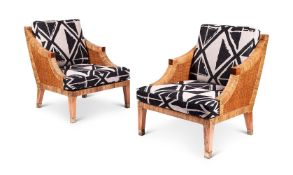 A PAIR OF RATTAN AND UPHOLSTERED BERGERE ARMCHAIRS BY THE BIELECKY BROTHERS, CIRCA 1980