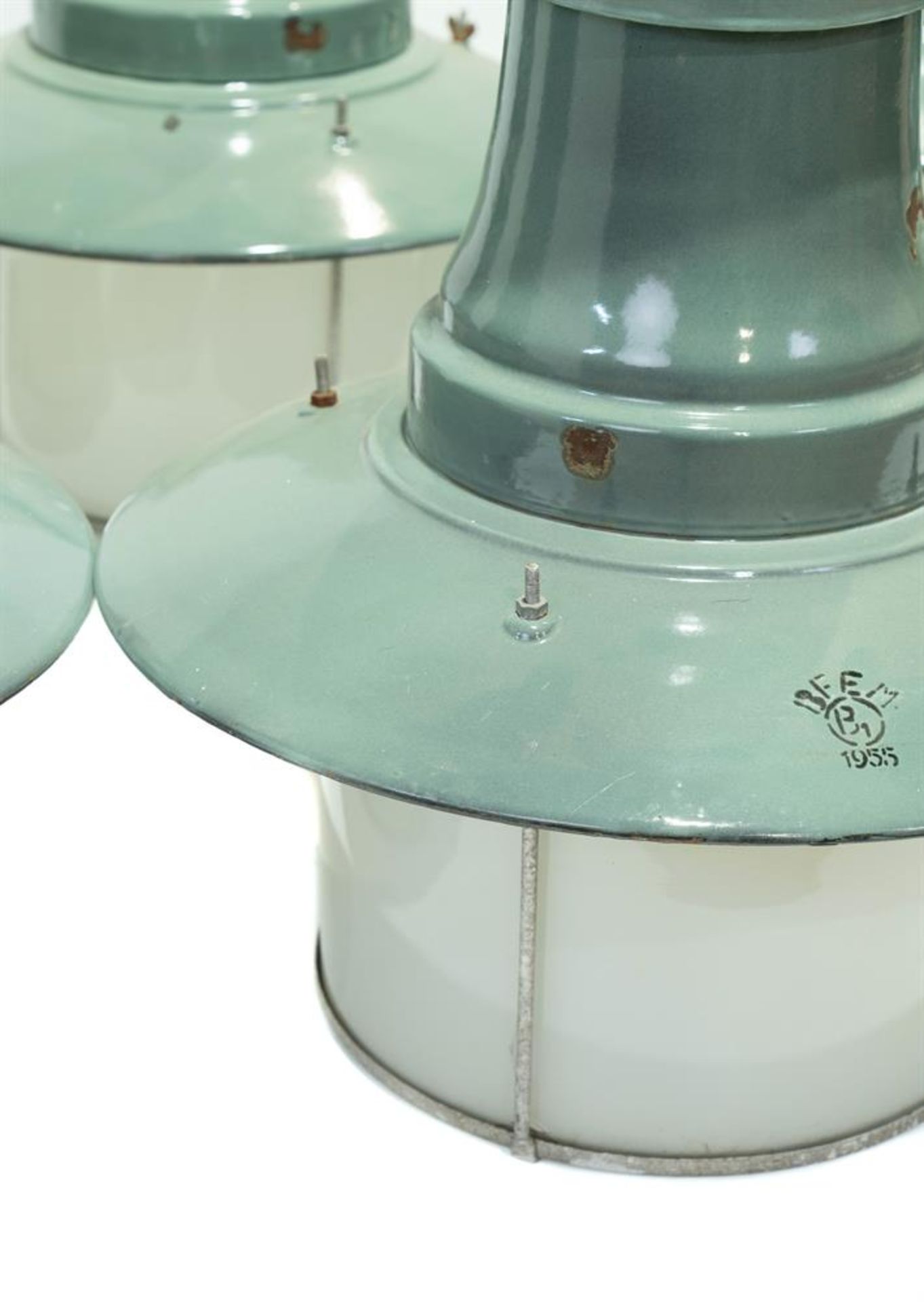 A SET OF SIX INDUSTRIAL ENAMEL PENDANT LIGHTS, HUNGARY, DATED 1954 AND STAMPED BFEM, B1 - Image 4 of 5