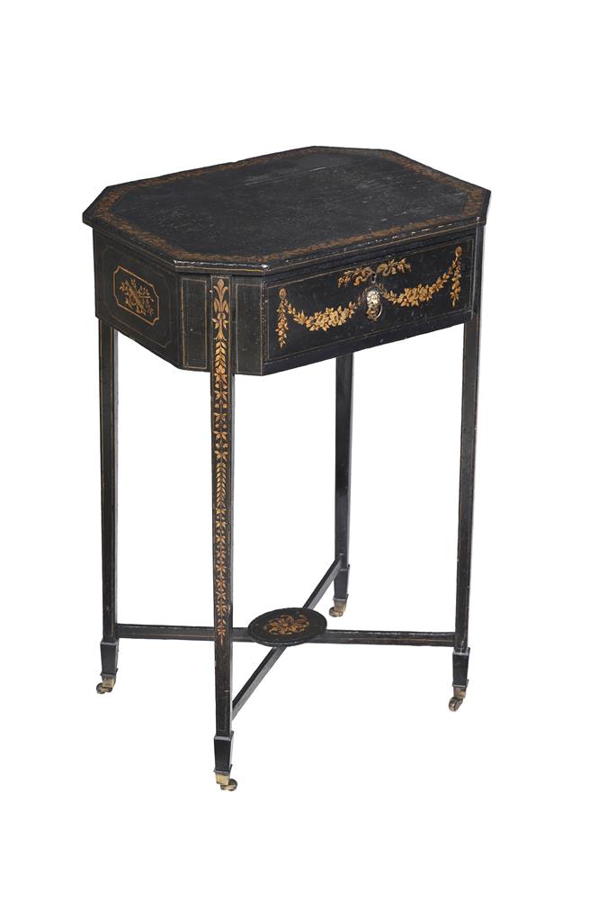 A REGENCY EBONISED AND PENWORK DECORATED OCCASIONAL TABLE, CIRCA 1815
