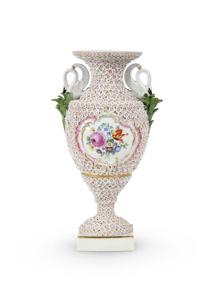 A PAIR OF DRESDEN PORCELAIN 'MAYFLOWER' ENCRUSTED VASES LATE 19TH CENTURY Almost certainly outside - Image 3 of 3