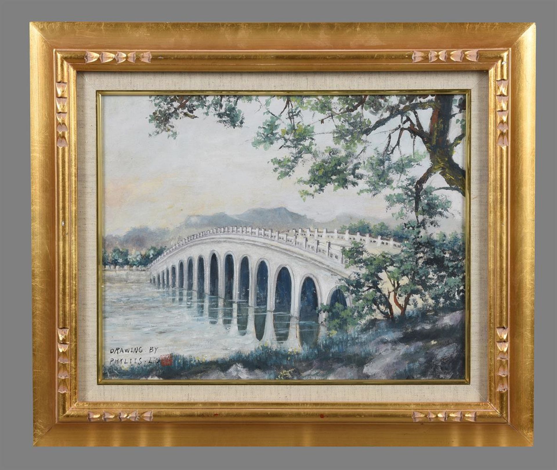 A CHINESE FRAMED GOUACHE PAINTING OF A BRIDGE, 20TH CENTURY - Image 2 of 2